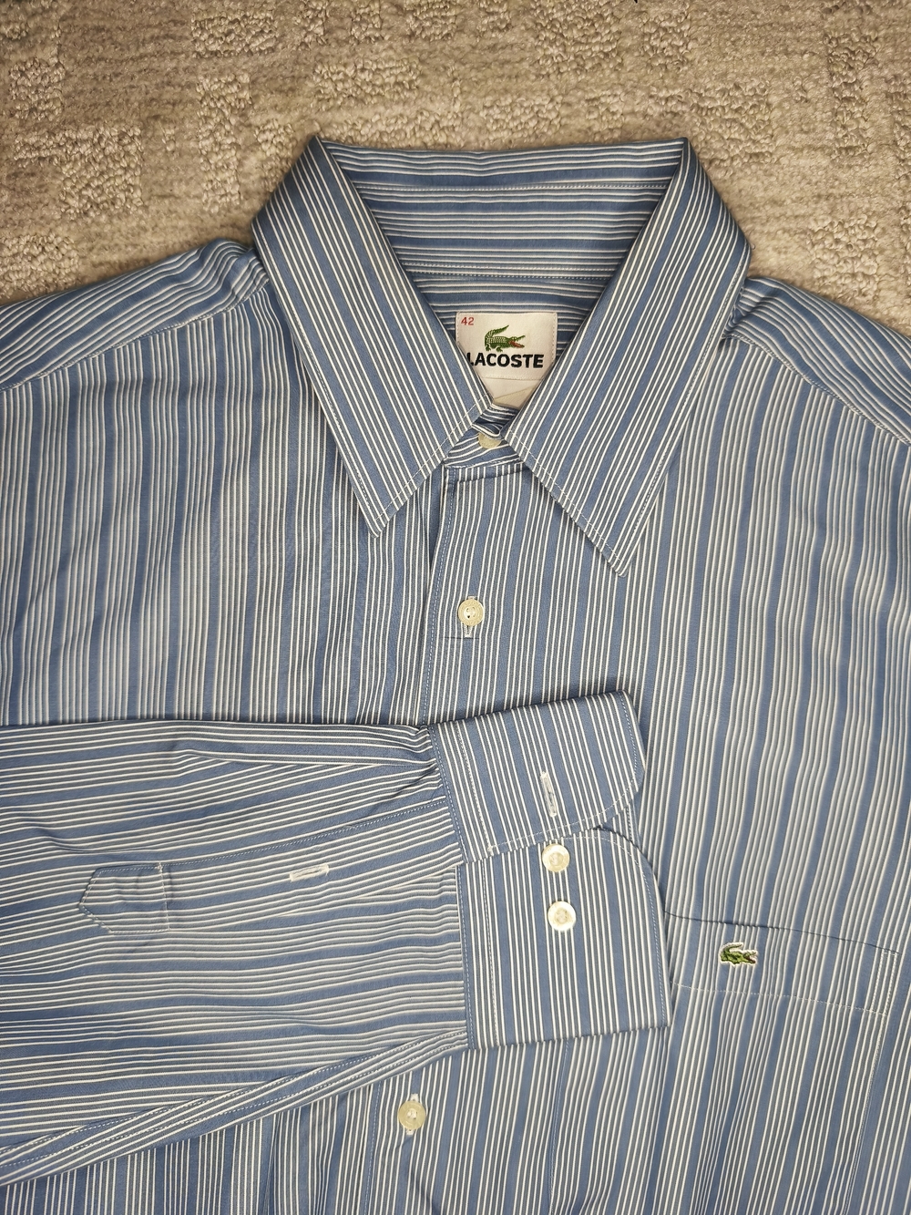 VTG Lacoste Shirt Mens Blue White Striped Button Down Made In Hong Kong Size 42
